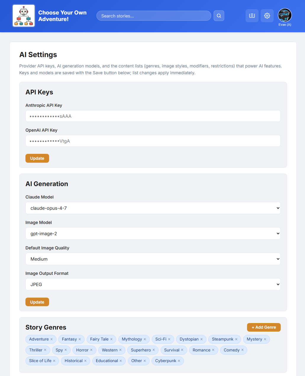Admin AI settings page, part 1